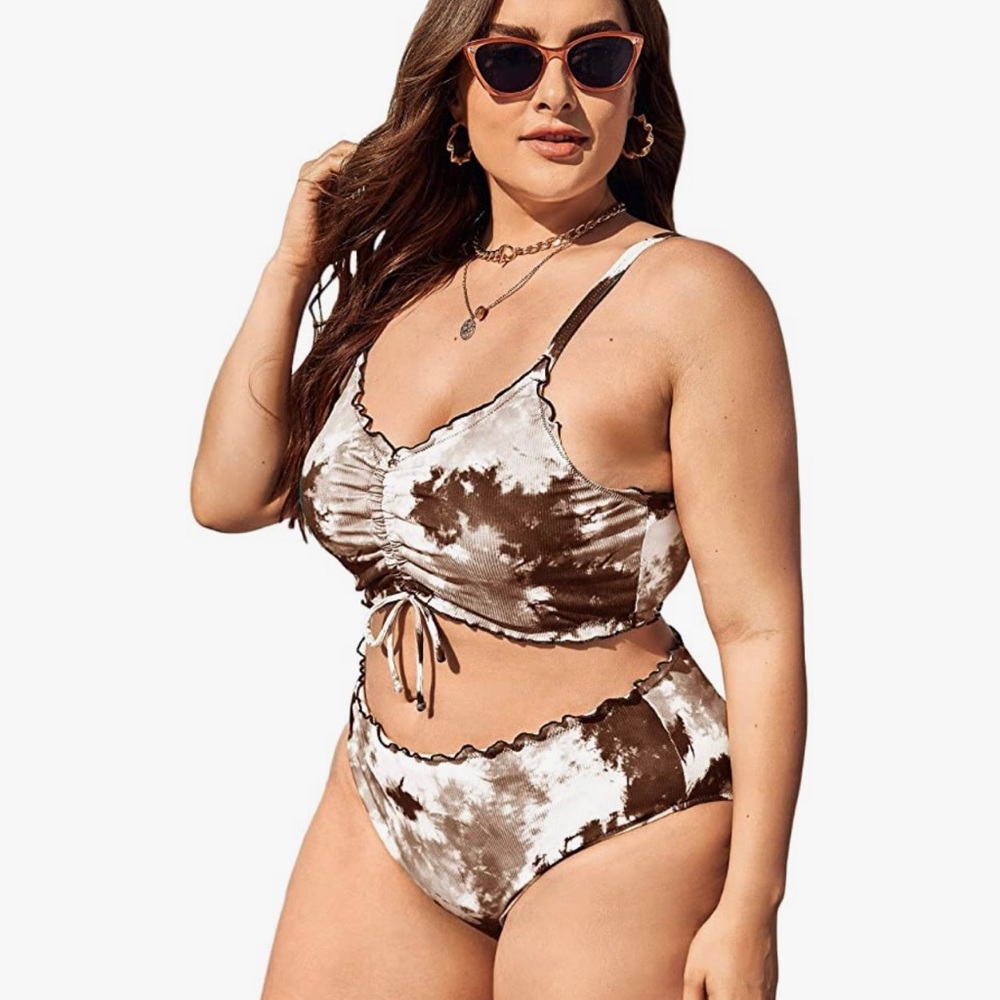 Brown tie dye scalloped bikini 1XL